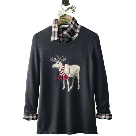 Coldwater Creek Moose Is Loose Sweater Christmas Holiday Petite M Classic Preppy - Picture 1 of 13